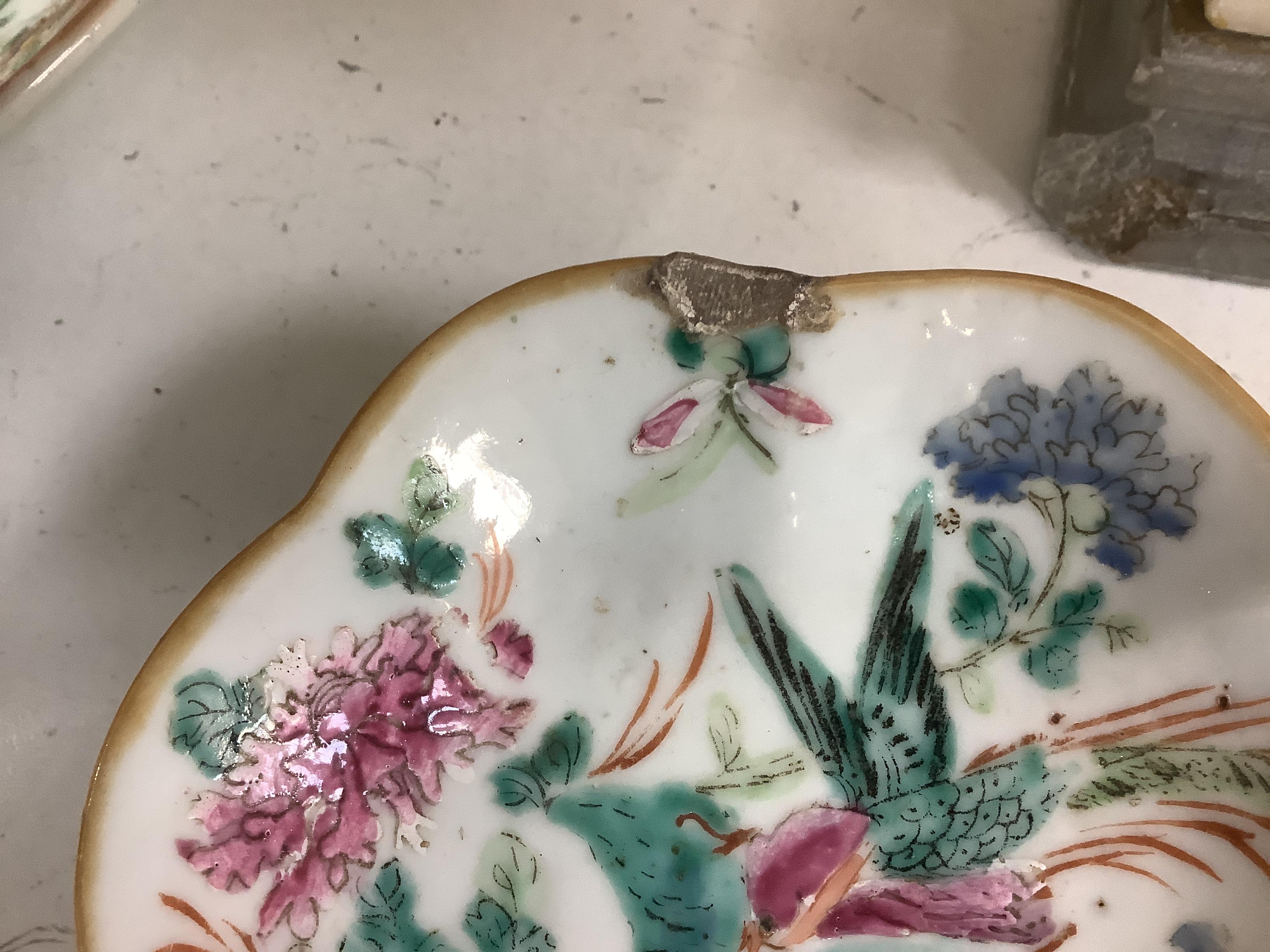 Five Chinese porcelain items including a blue and white crackle glaze cylindrical vase and a celadon glaze tea bowl and stand, largest 29cm in diameter